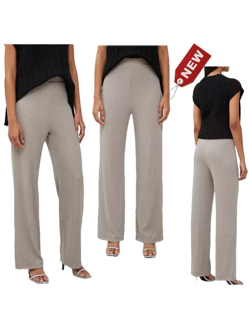 FRENCH CONNECTION Paula Taupe Brown Silver Metallic Stripe Pants in Fungi S NWT
